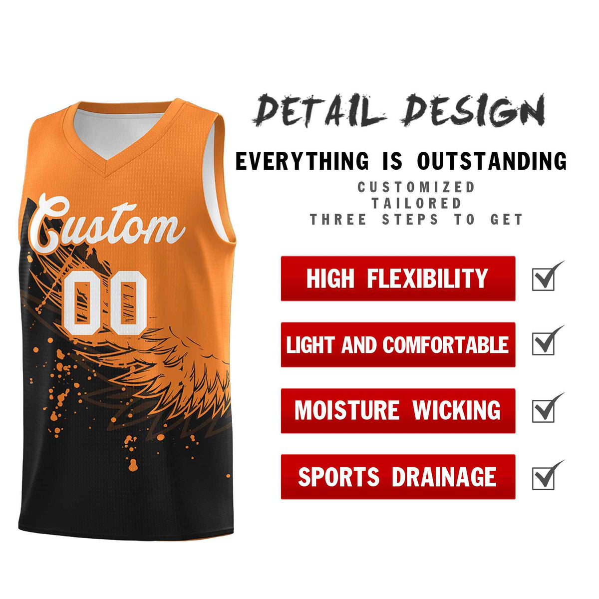 Custom Black Gold Orange Wing Pattern Sports Uniform Basketball Jersey