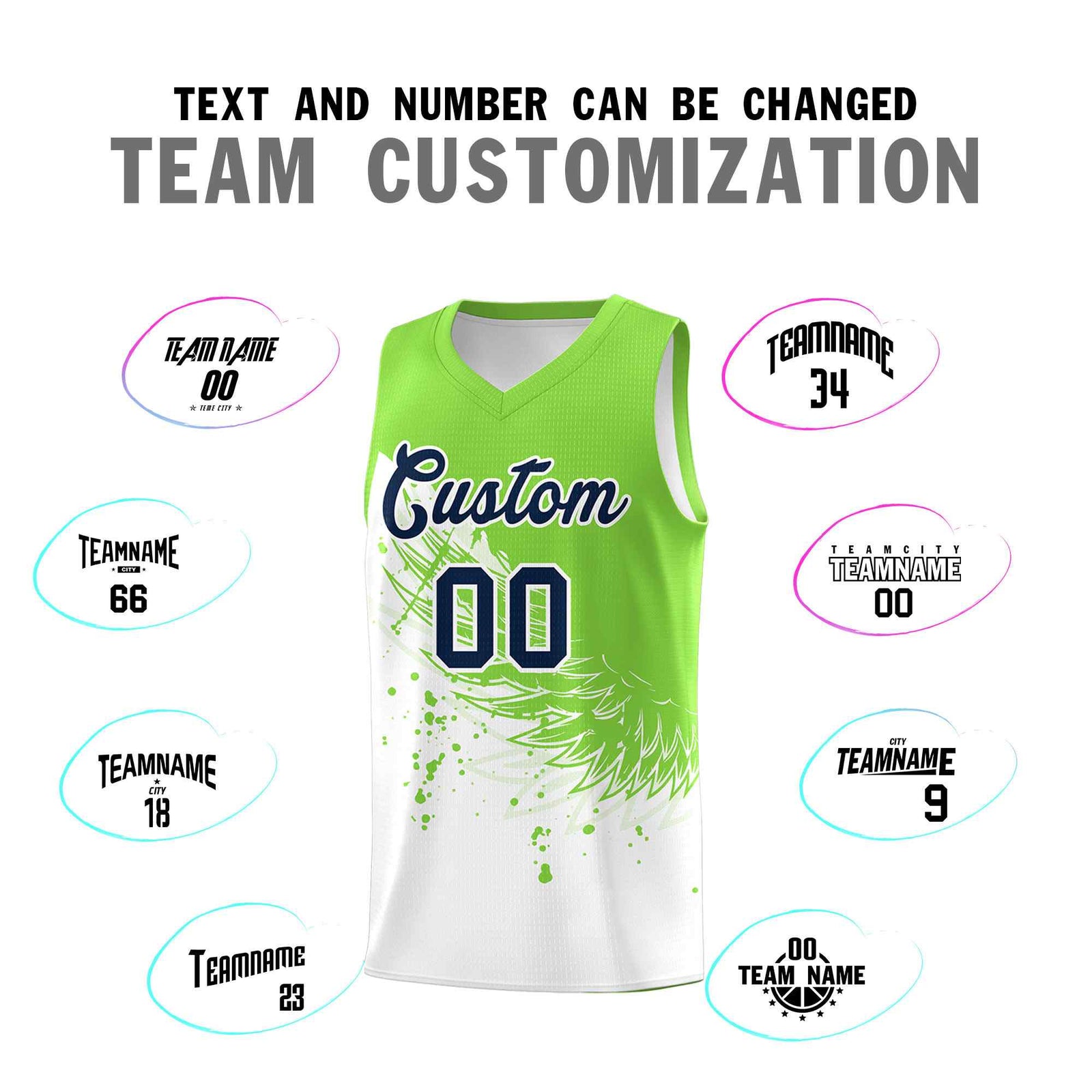 Custom White Fluorescent Green Wing Pattern Sports Uniform Basketball Jersey