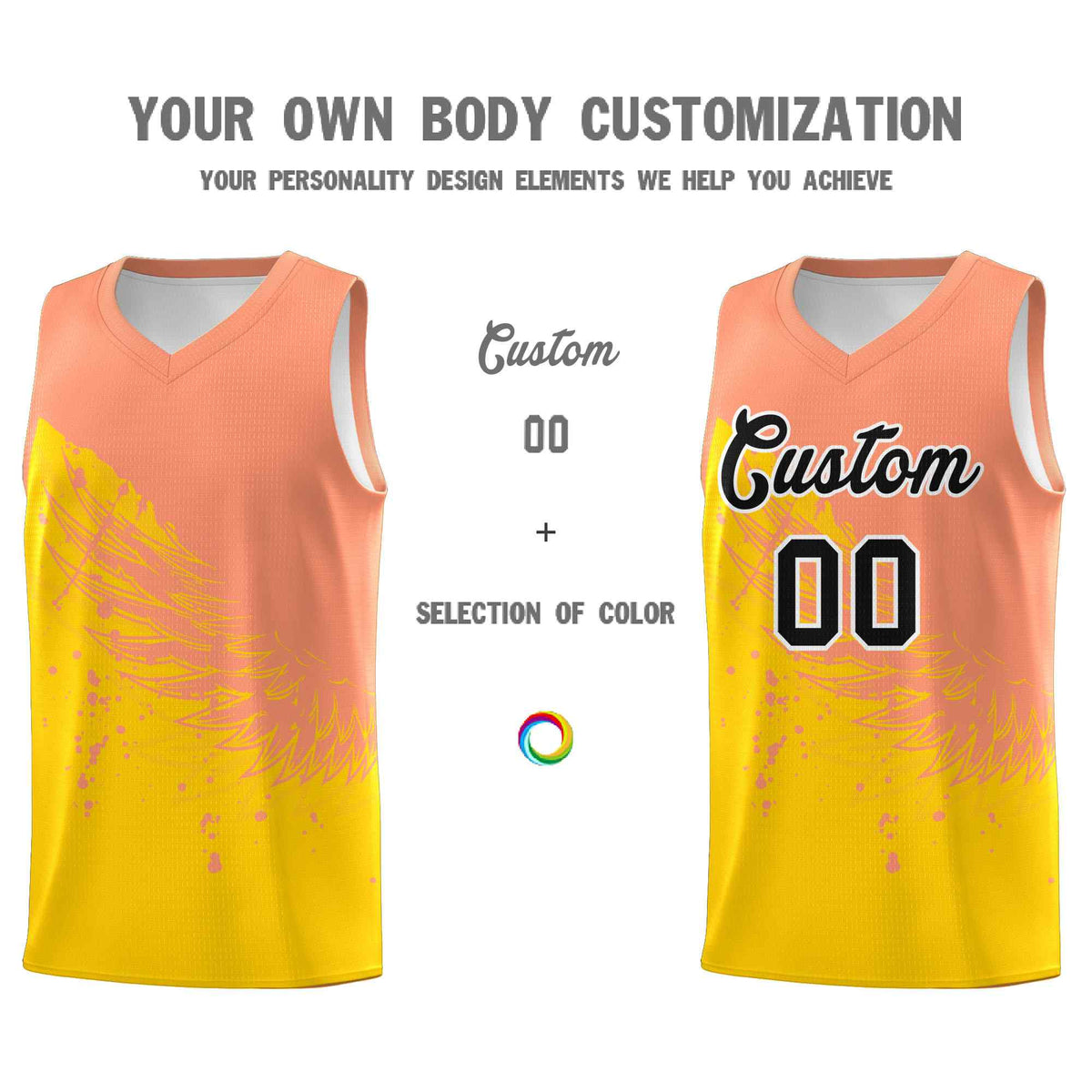 Custom Gold Light Orange Wing Pattern Sports Uniform Basketball Jersey