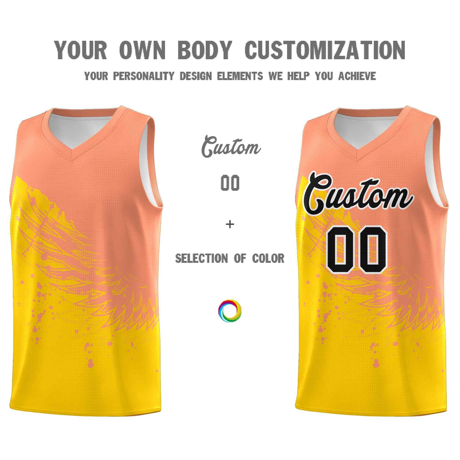 Custom Gold Light Orange Wing Pattern Sports Uniform Basketball Jersey