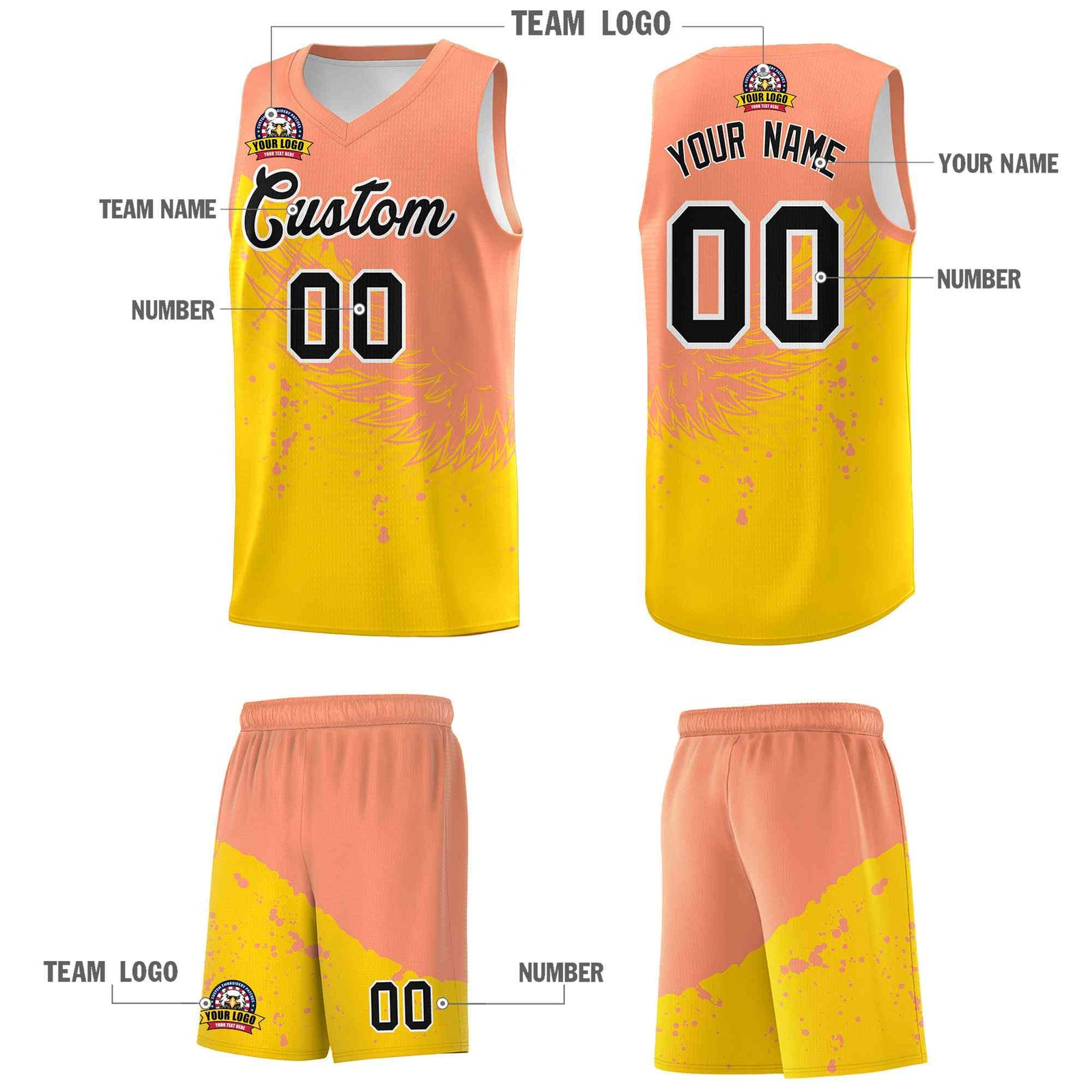 Custom Gold Light Orange Wing Pattern Sports Uniform Basketball Jersey