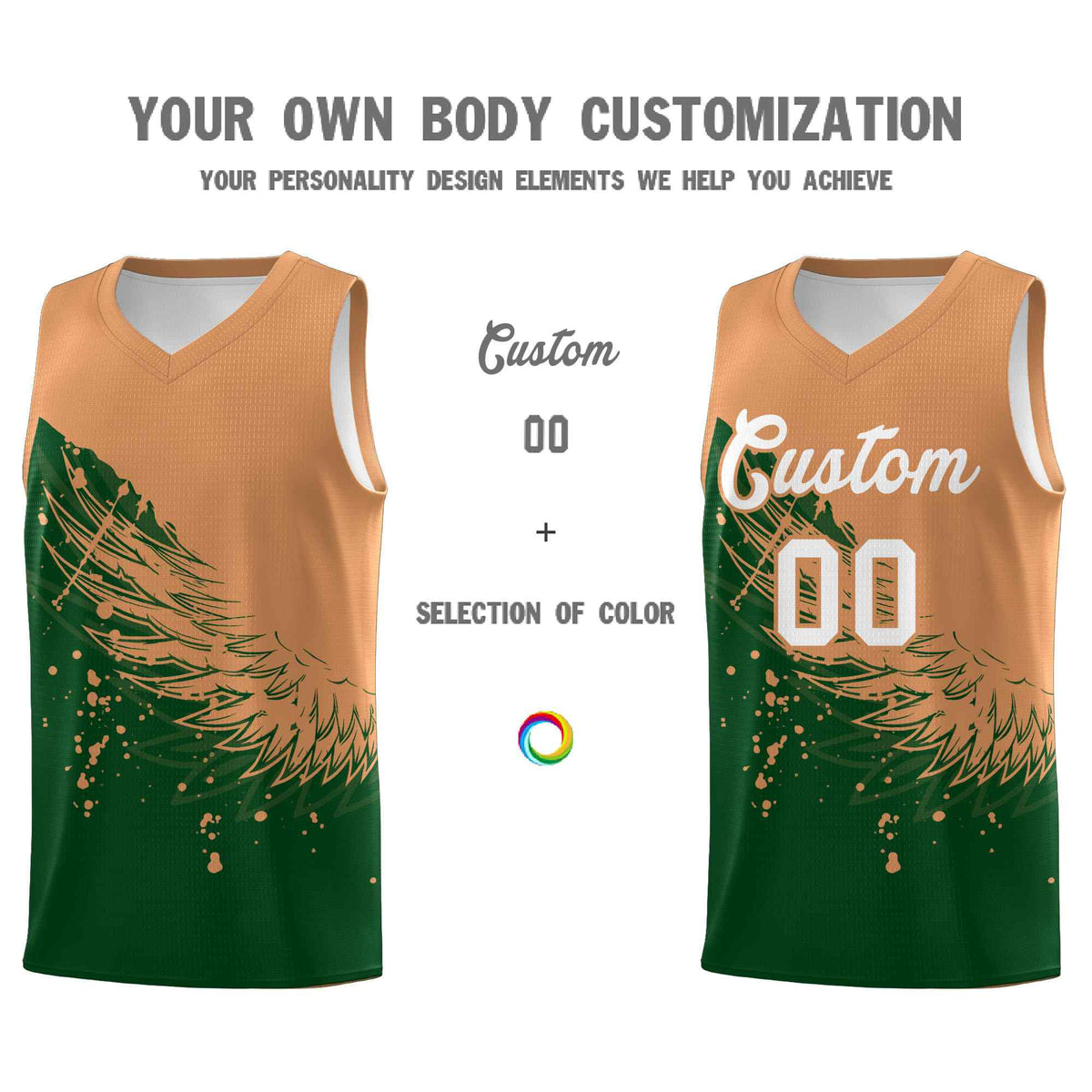 Custom Green Buckskin Brown Wing Pattern Sports Uniform Basketball Jersey