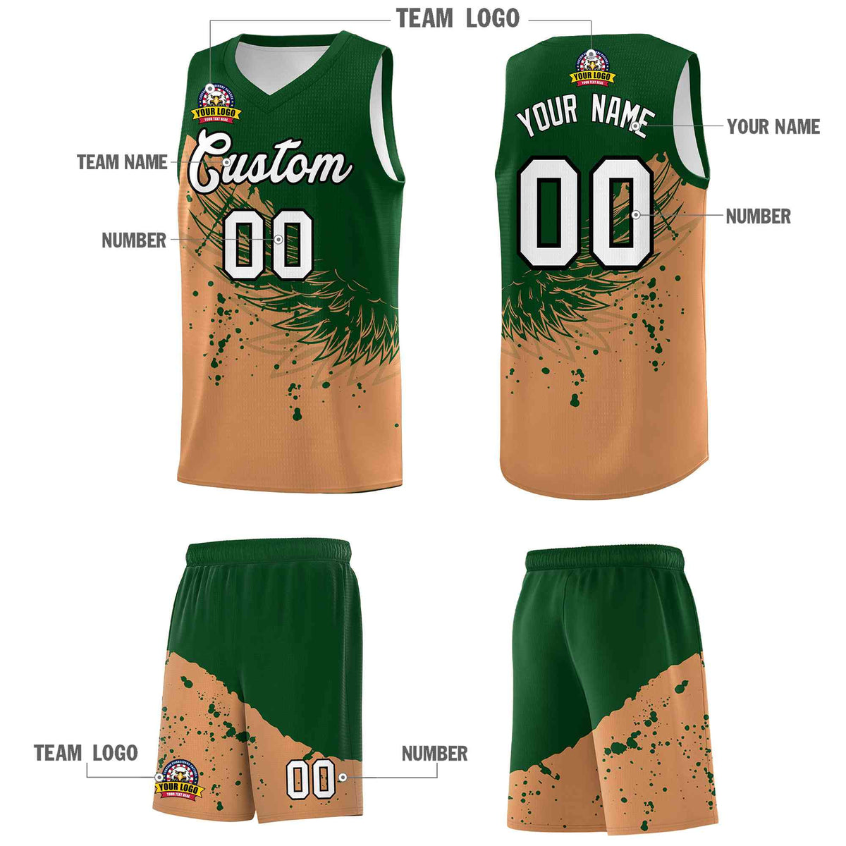 Custom Buckskin Brown Green Wing Pattern Sports Uniform Basketball Jersey