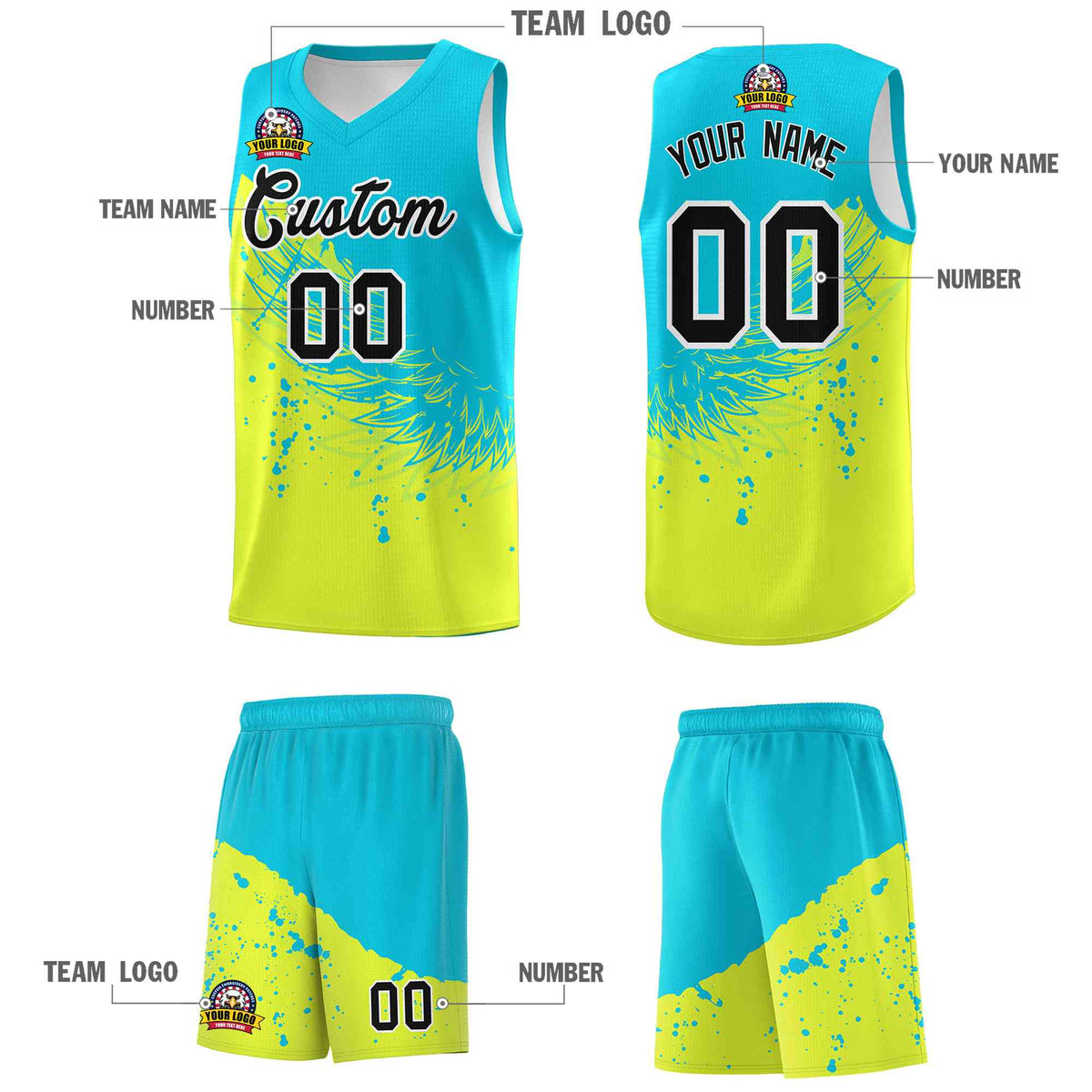 Custom Fluorescent Green Sky Blue Wing Pattern Sports Uniform Basketball Jersey