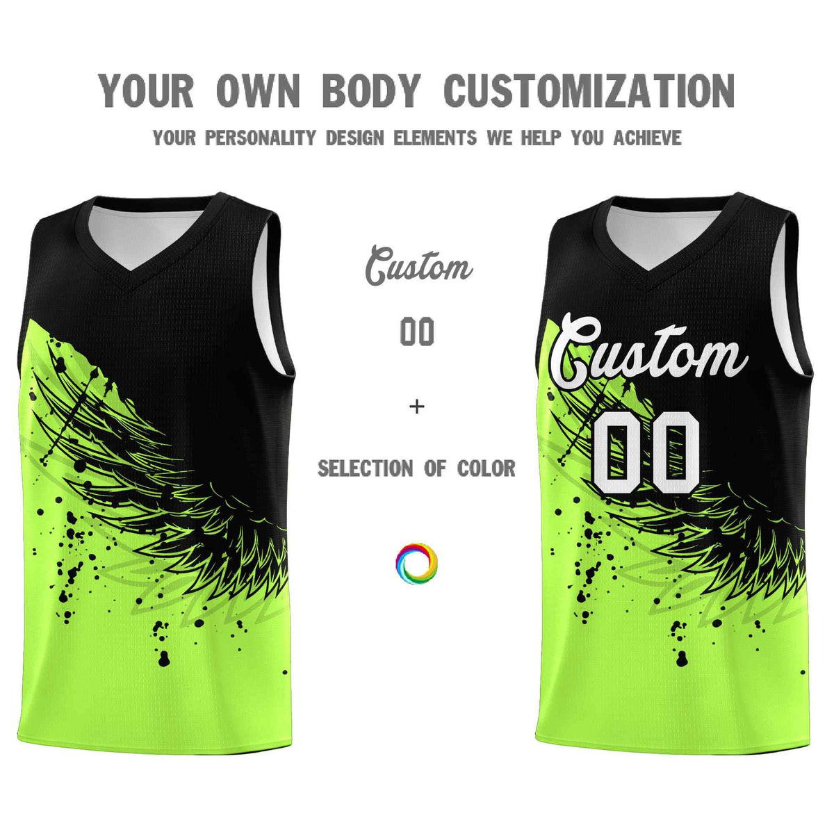 Custom Fluorescent Green Black Wing Pattern Sports Uniform Basketball Jersey