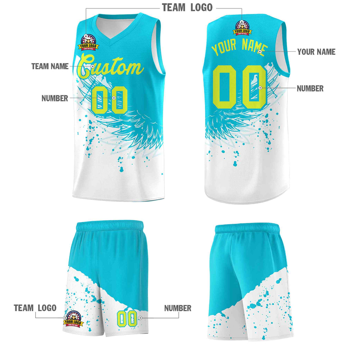 Custom White Sky Blue Wing Pattern Sports Uniform Basketball Jersey