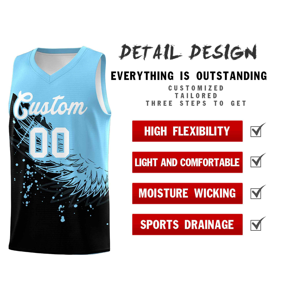 Custom Black Light Blue Wing Pattern Sports Uniform Basketball Jersey