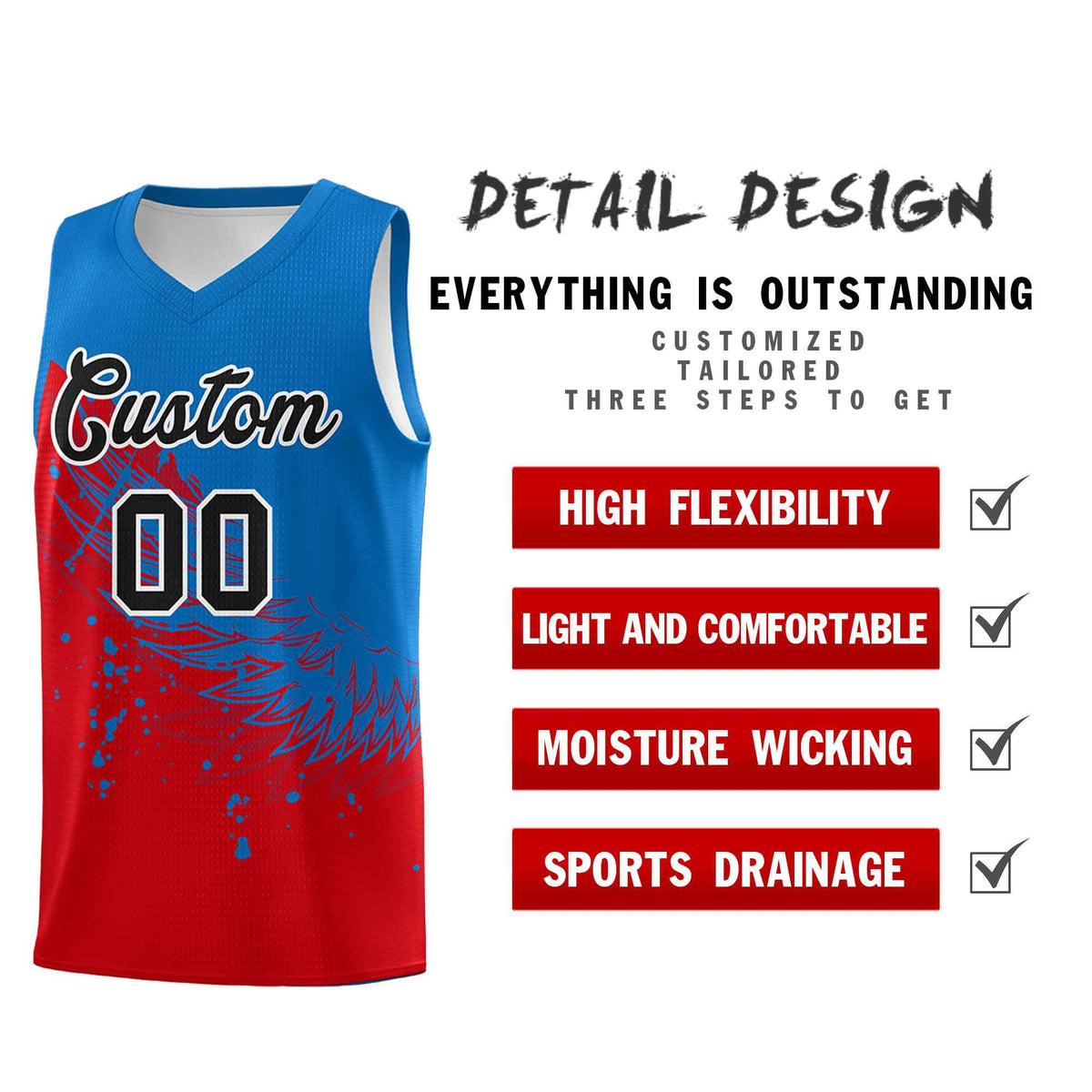 Custom Red Royal Wing Pattern Sports Uniform Basketball Jersey
