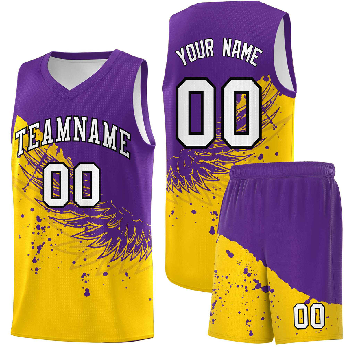 Custom Gold Purple Wing Pattern Sports Uniform Basketball Jersey