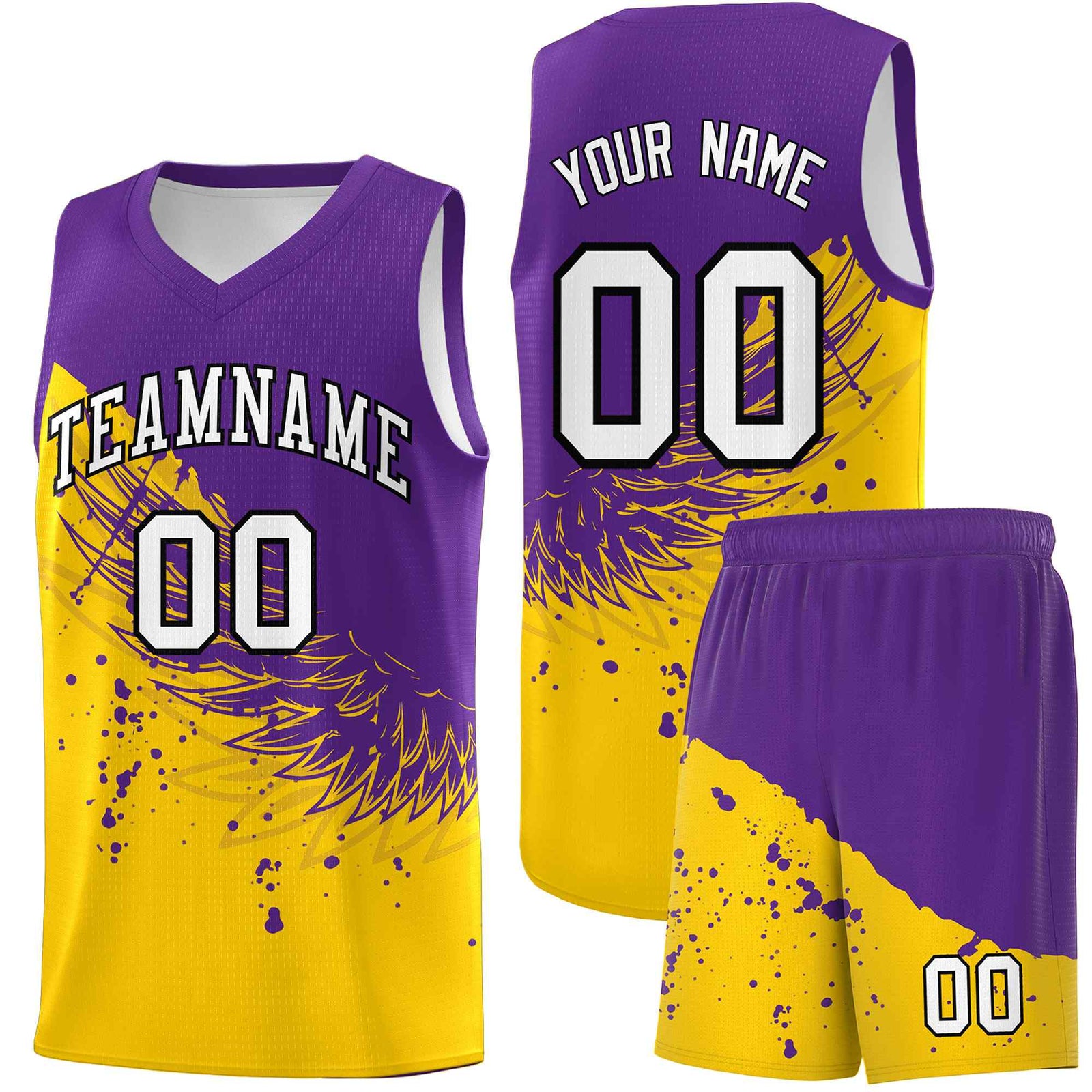 Custom Gold Purple Wing Pattern Sports Uniform Basketball Jersey
