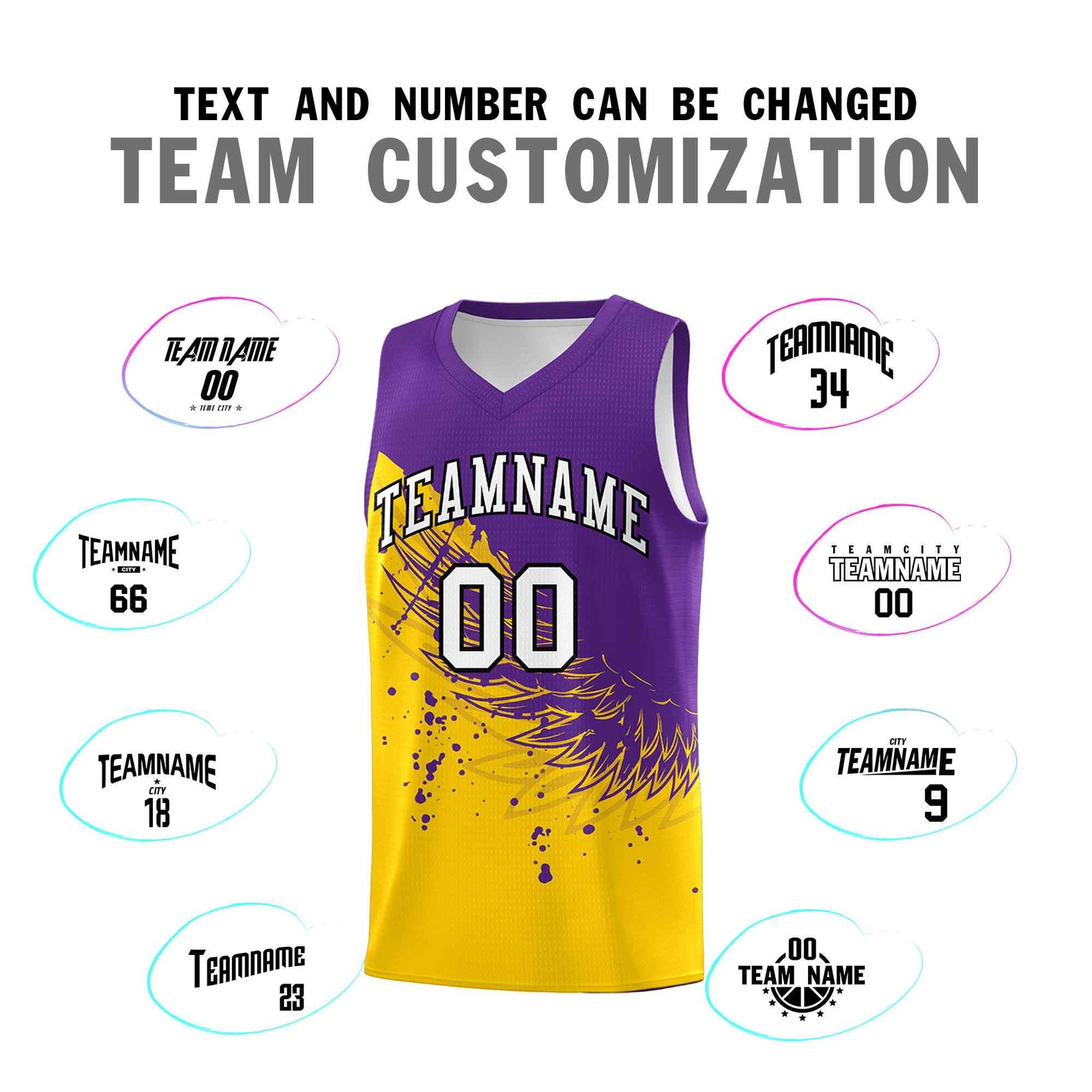 Custom Gold Purple Wing Pattern Sports Uniform Basketball Jersey