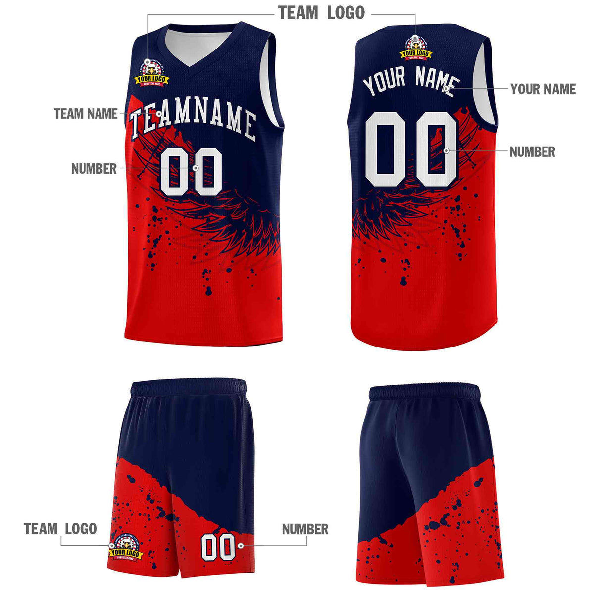 Custom Red Navy Wing Pattern Sports Uniform Basketball Jersey