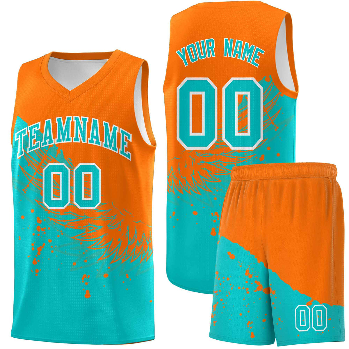 Custom Aqua Orange Wing Pattern Sports Uniform Basketball Jersey