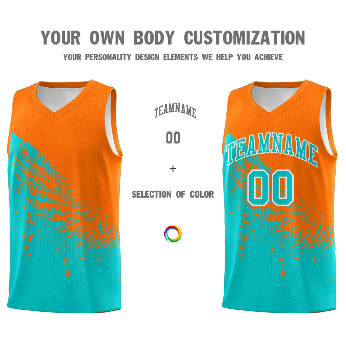 Custom Aqua Orange Wing Pattern Sports Uniform Basketball Jersey