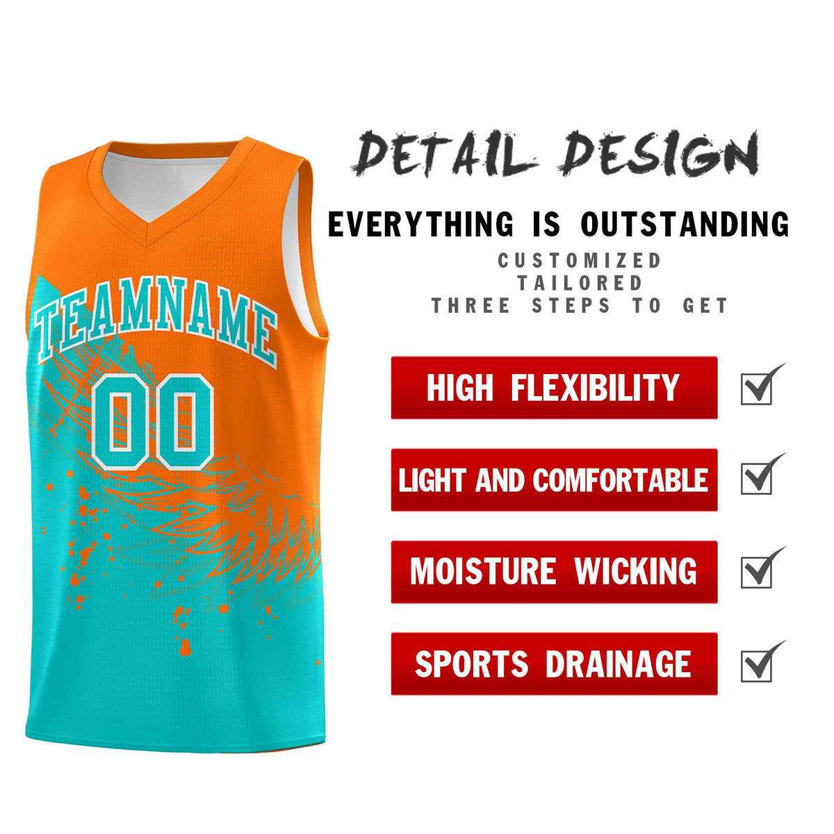 Custom Aqua Orange Wing Pattern Sports Uniform Basketball Jersey