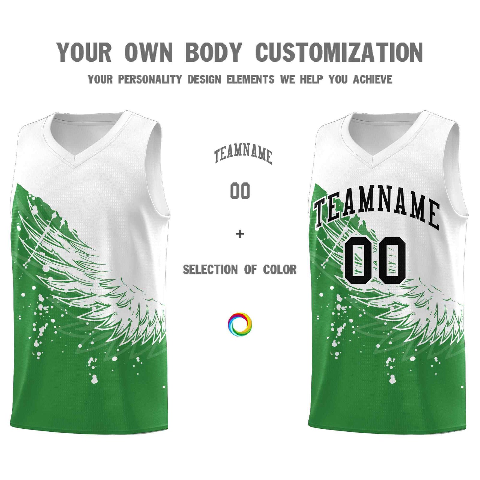 Custom Kelly Green White Wing Pattern Sports Uniform Basketball Jersey