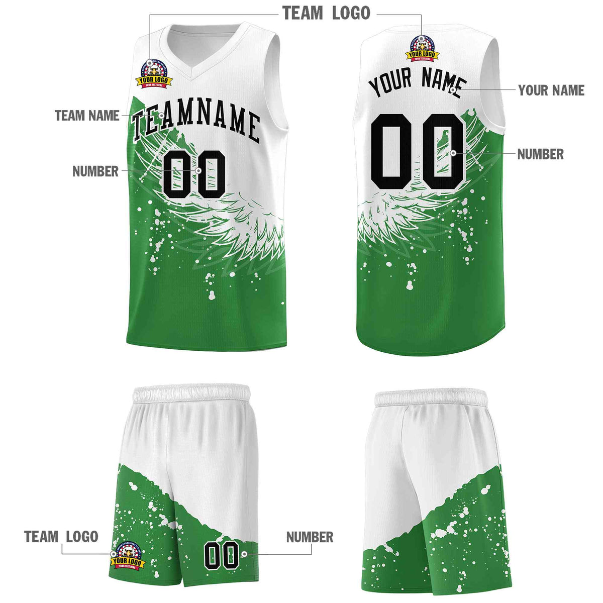 Custom Kelly Green White Wing Pattern Sports Uniform Basketball Jersey