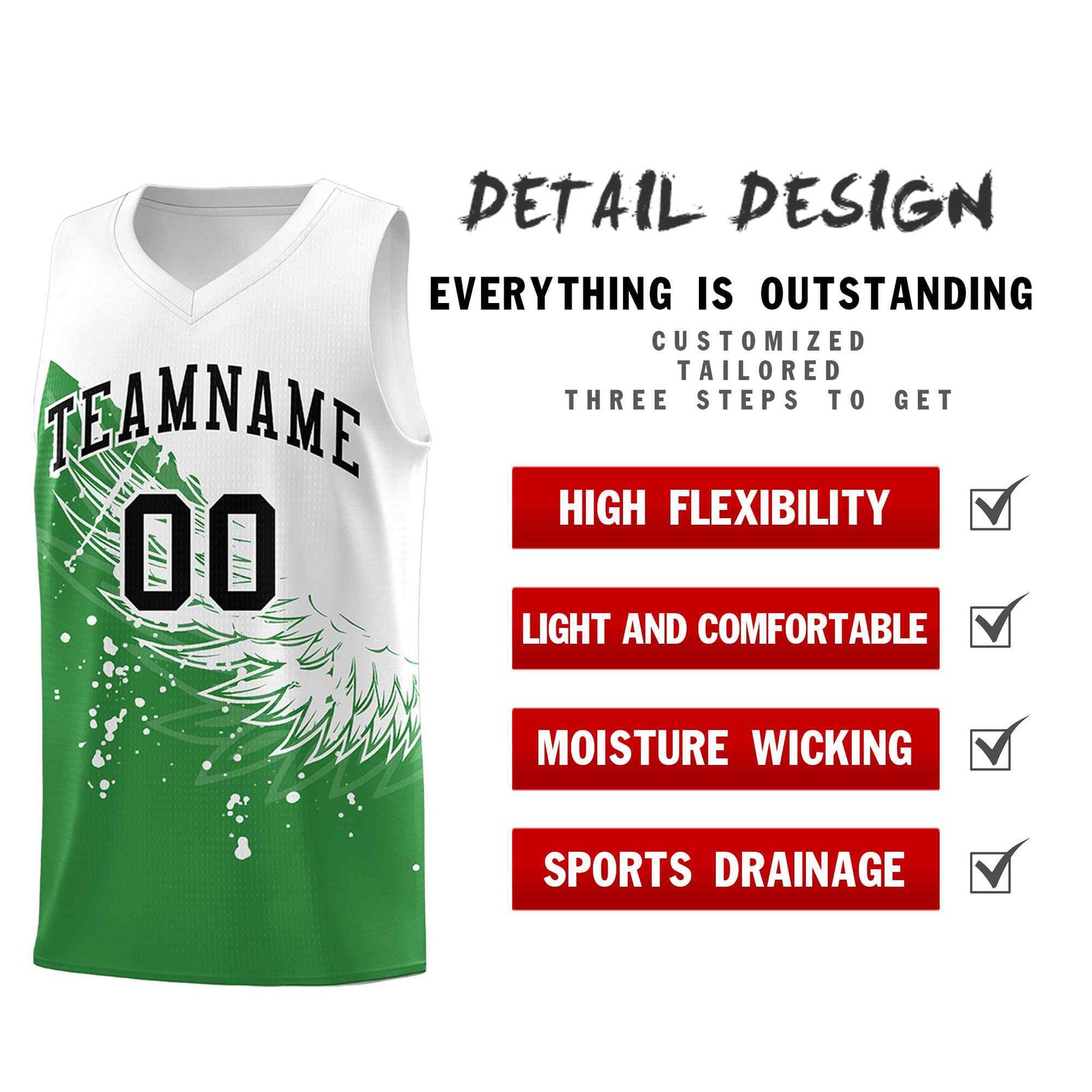 Custom Kelly Green White Wing Pattern Sports Uniform Basketball Jersey