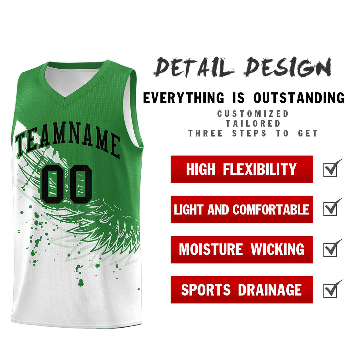 Custom White Kelly Green Wing Pattern Sports Uniform Basketball Jersey