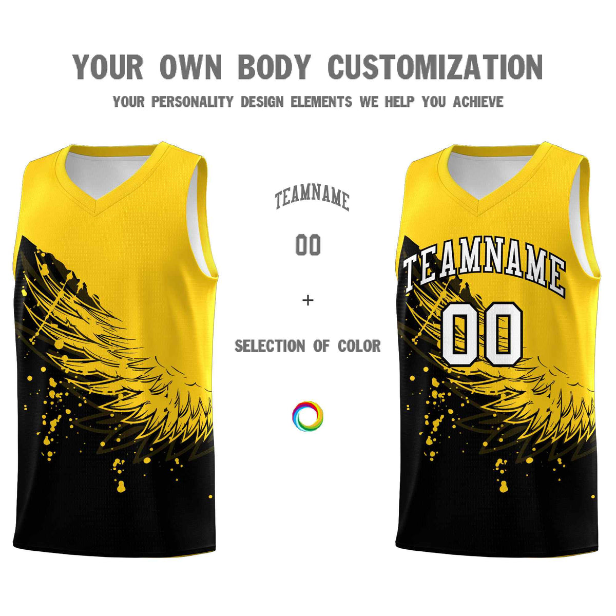 Custom Black Gold Wing Pattern Sports Uniform Basketball Jersey