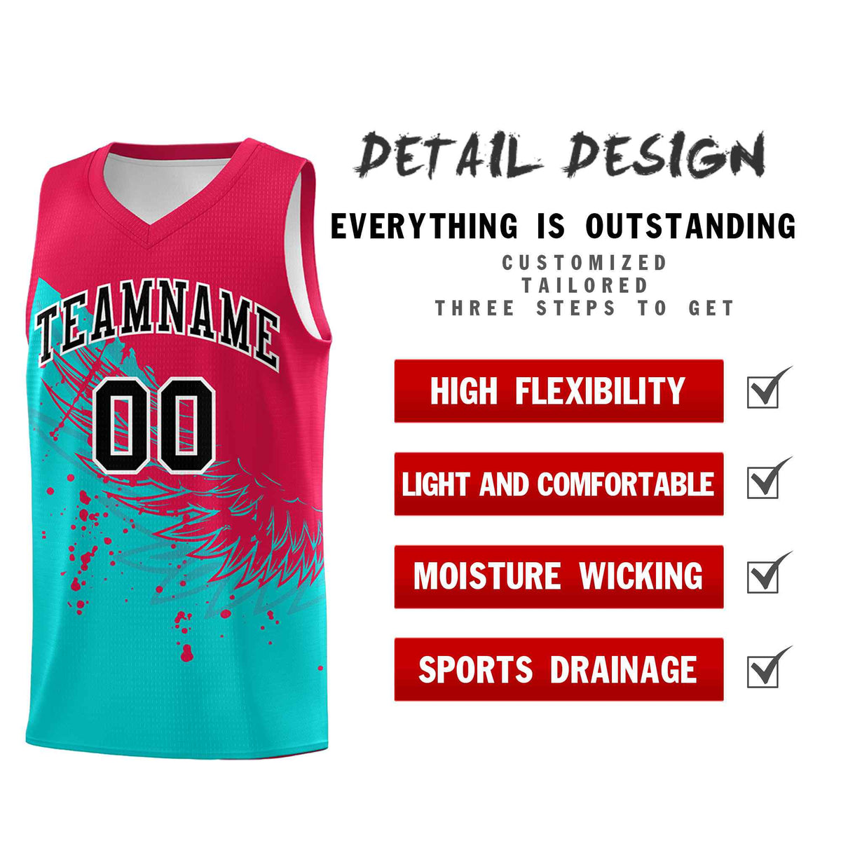 Custom Aqua Red Wing Pattern Sports Uniform Basketball Jersey