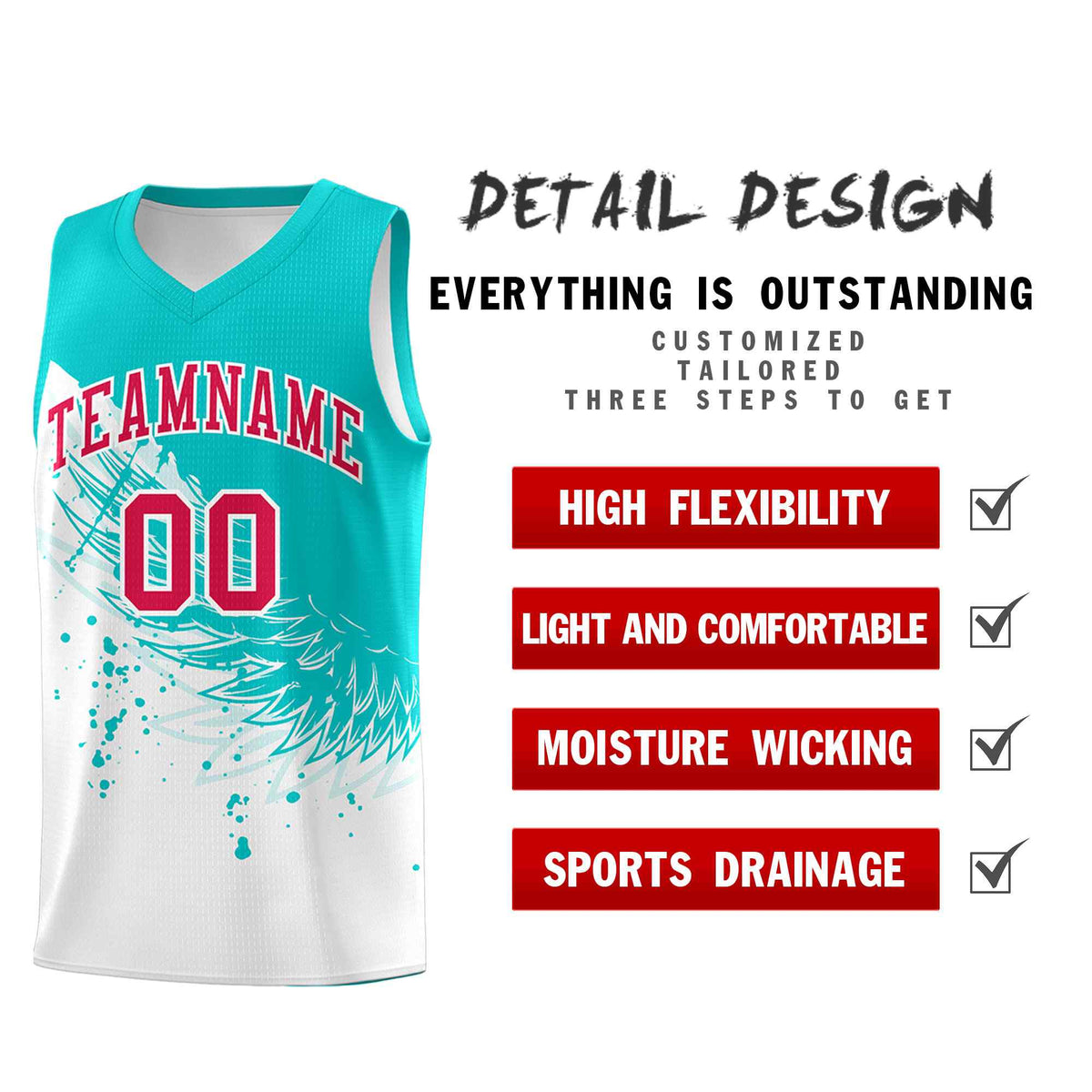 Custom White Aqua Wing Pattern Sports Uniform Basketball Jersey