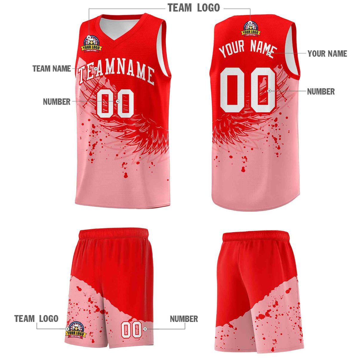 Custom Light Pink Light Red Wing Pattern Sports Uniform Basketball Jersey