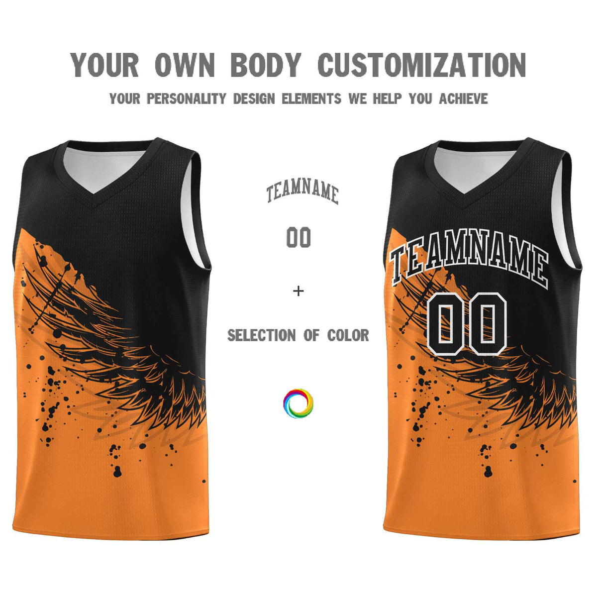 Custom Gold Orange Black Wing Pattern Sports Uniform Basketball Jersey