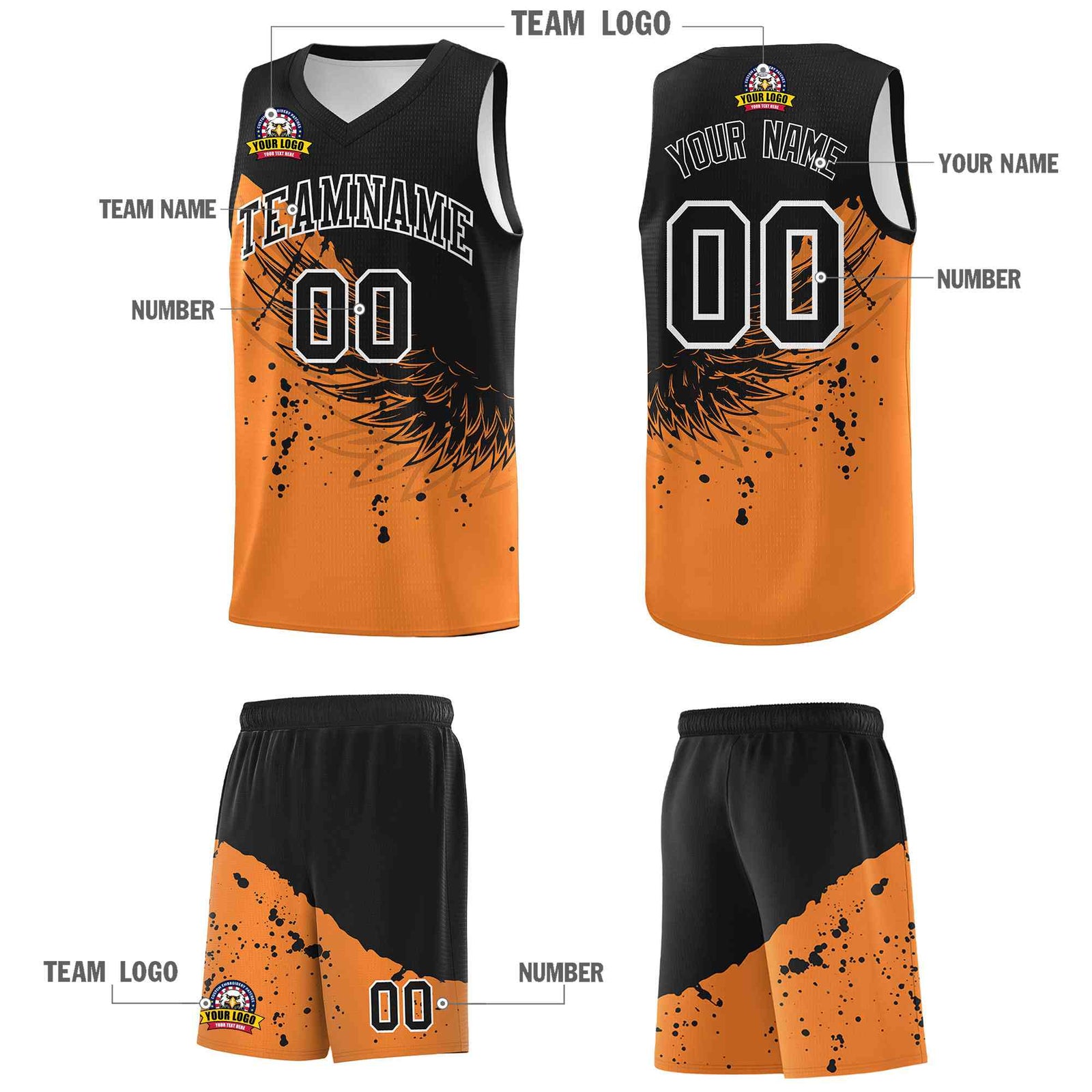 Custom Gold Orange Black Wing Pattern Sports Uniform Basketball Jersey