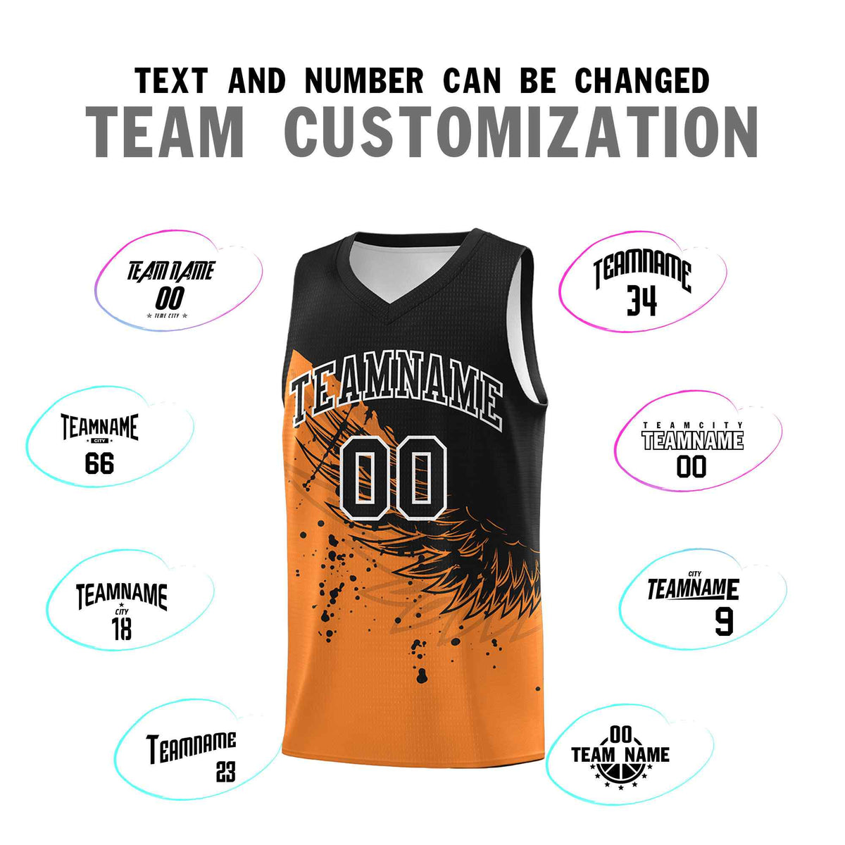Custom Gold Orange Black Wing Pattern Sports Uniform Basketball Jersey