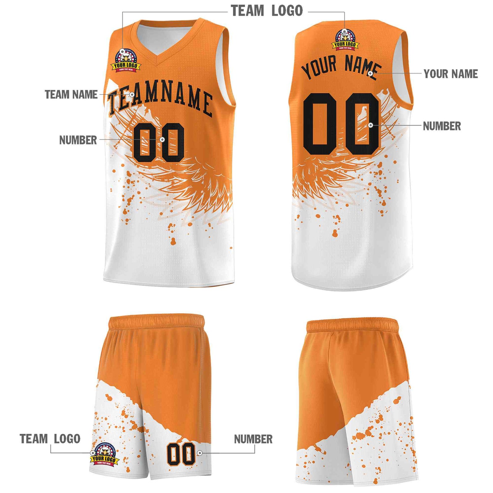Custom White Gold Orange Wing Pattern Sports Uniform Basketball Jersey