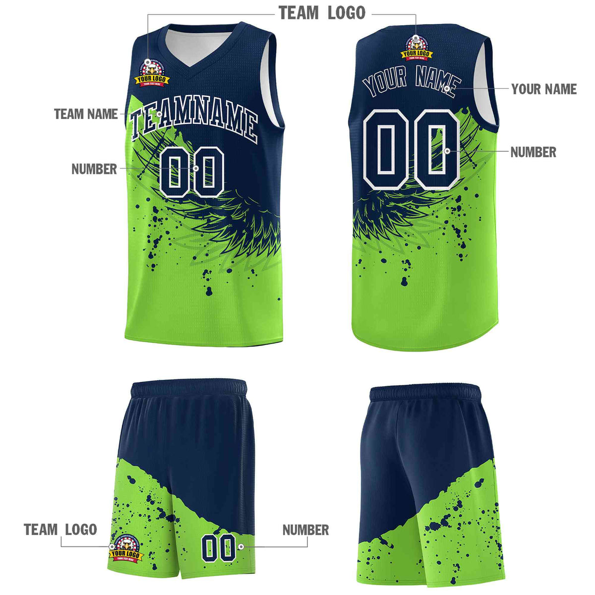 Custom Fluorescent Green Navy Wing Pattern Sports Uniform Basketball Jersey