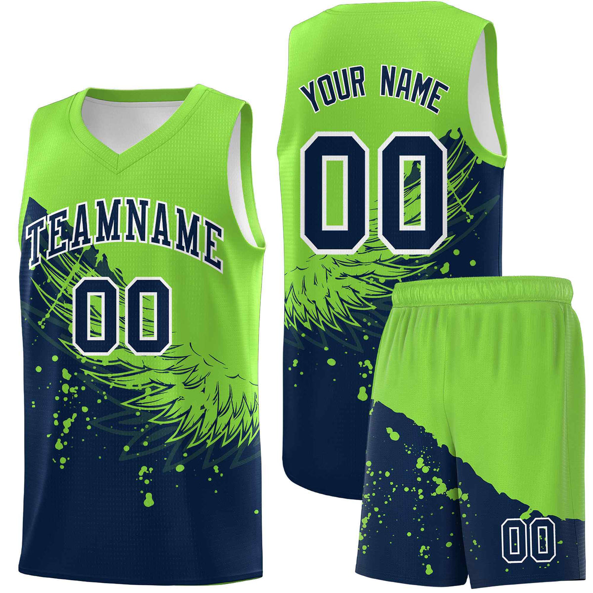 Custom Navy Fluorescent Green Wing Pattern Sports Uniform Basketball Jersey