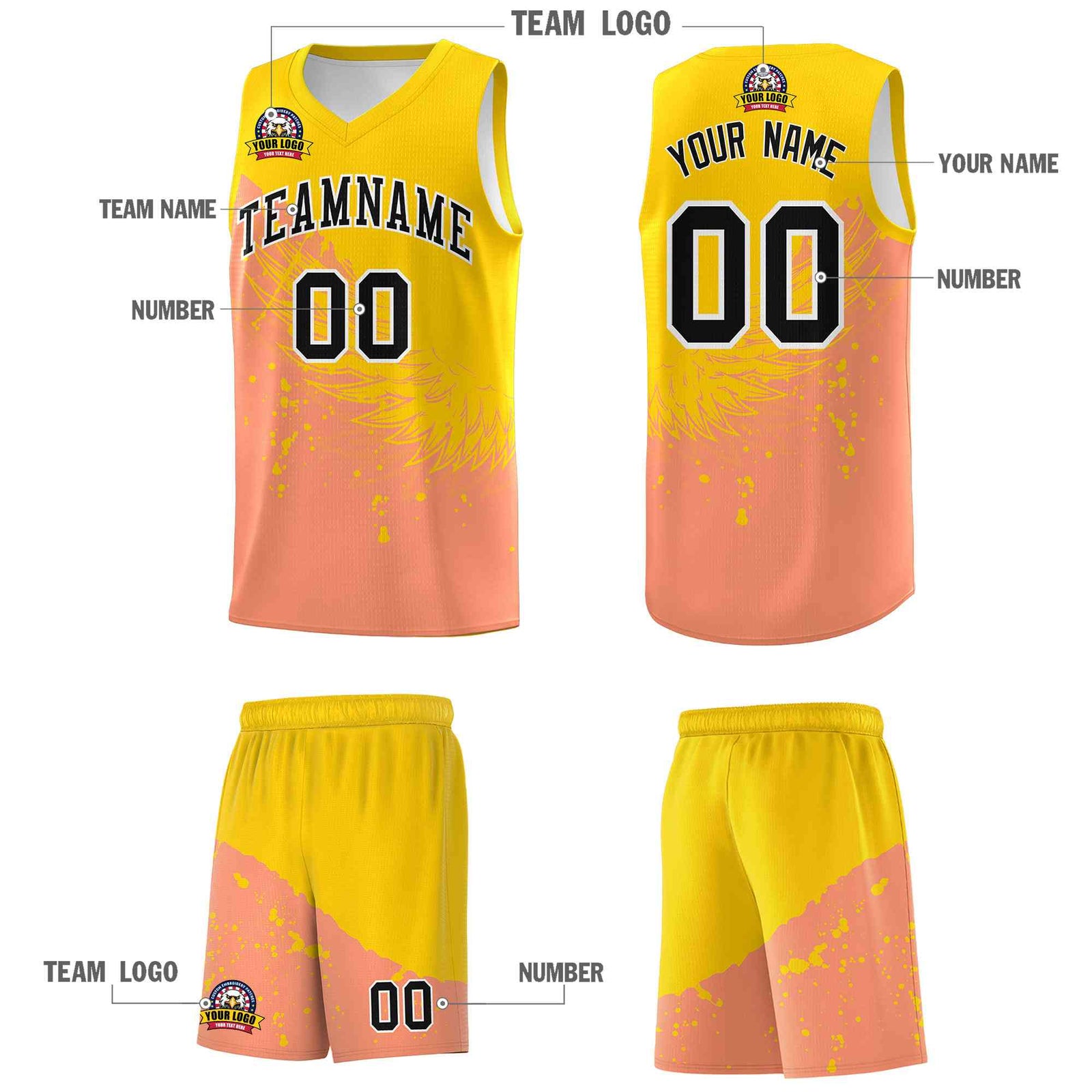 Custom Light Orange Gold Wing Pattern Sports Uniform Basketball Jersey