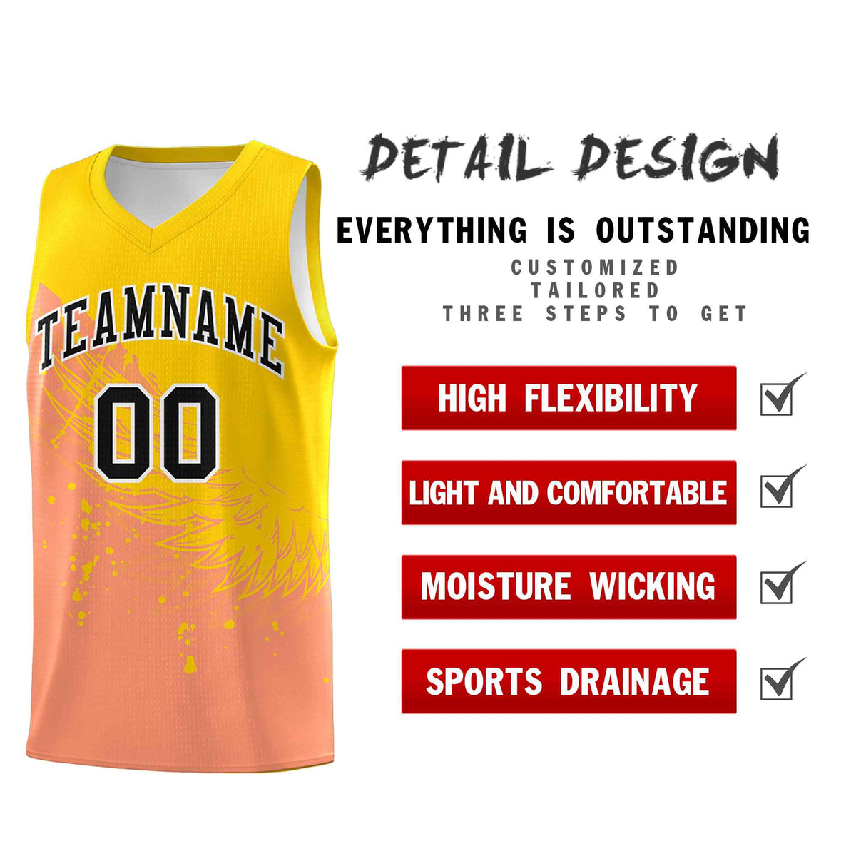 Custom Light Orange Gold Wing Pattern Sports Uniform Basketball Jersey