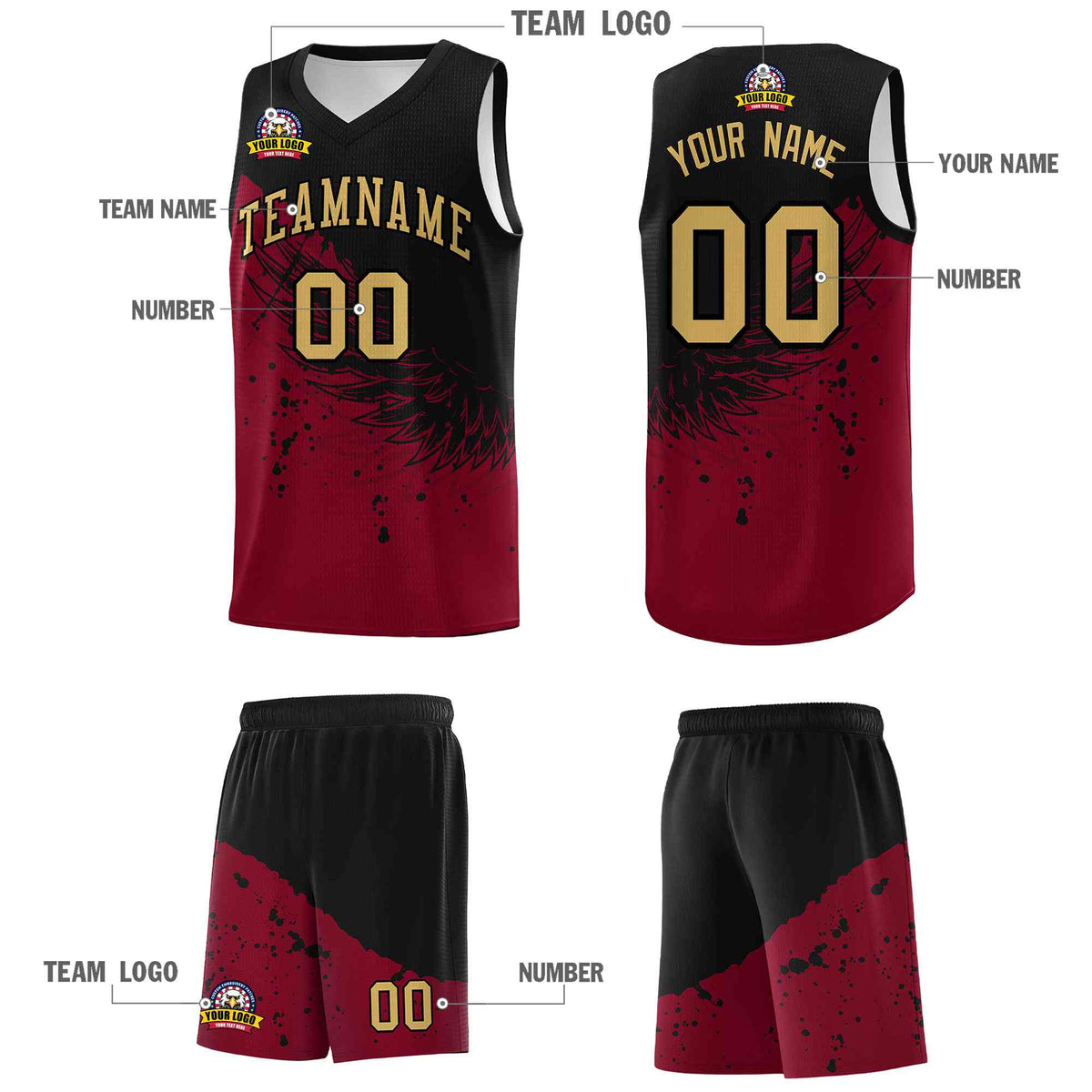 Custom Crimson Black Wing Pattern Sports Uniform Basketball Jersey
