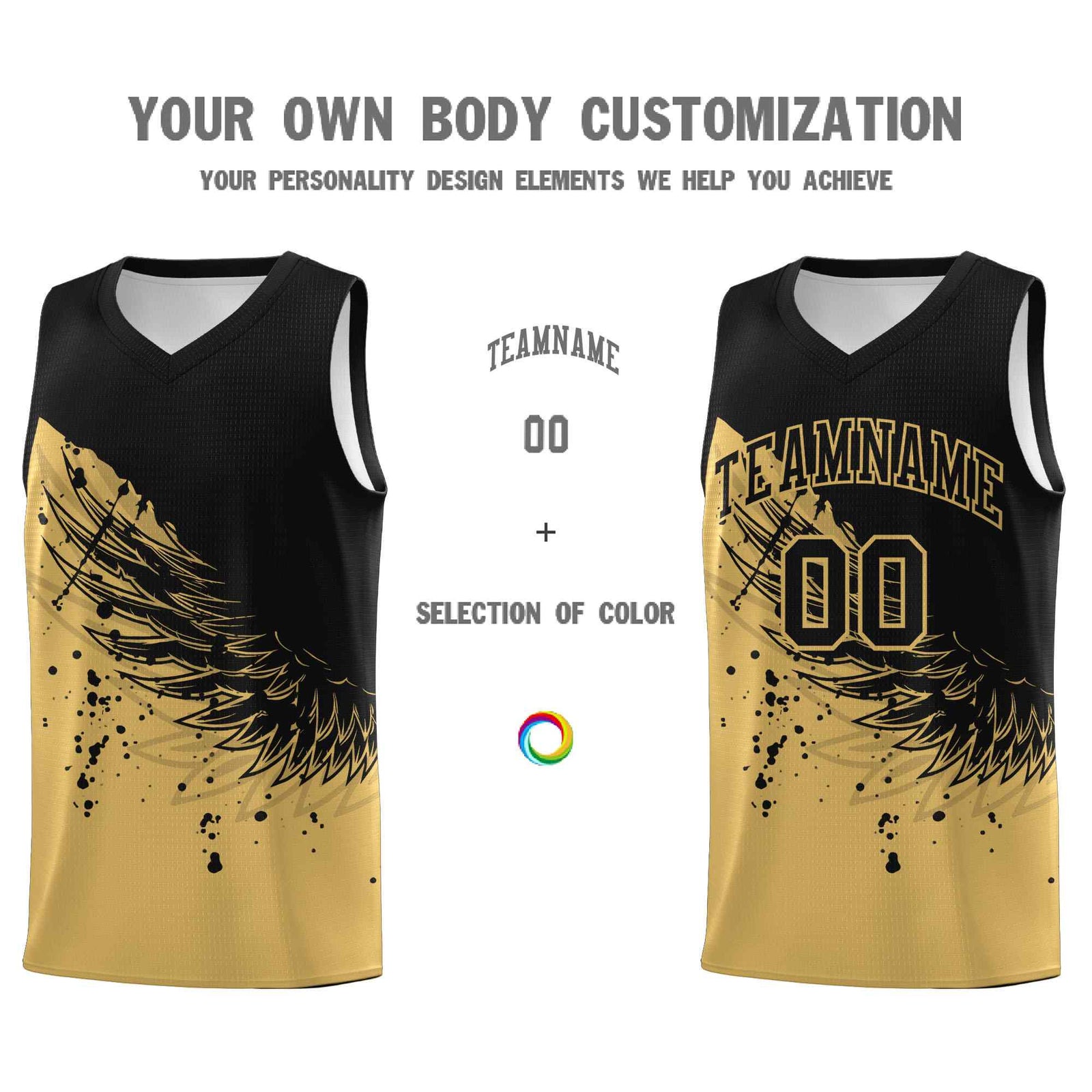 Custom Old Gold Black Wing Pattern Sports Uniform Basketball Jersey