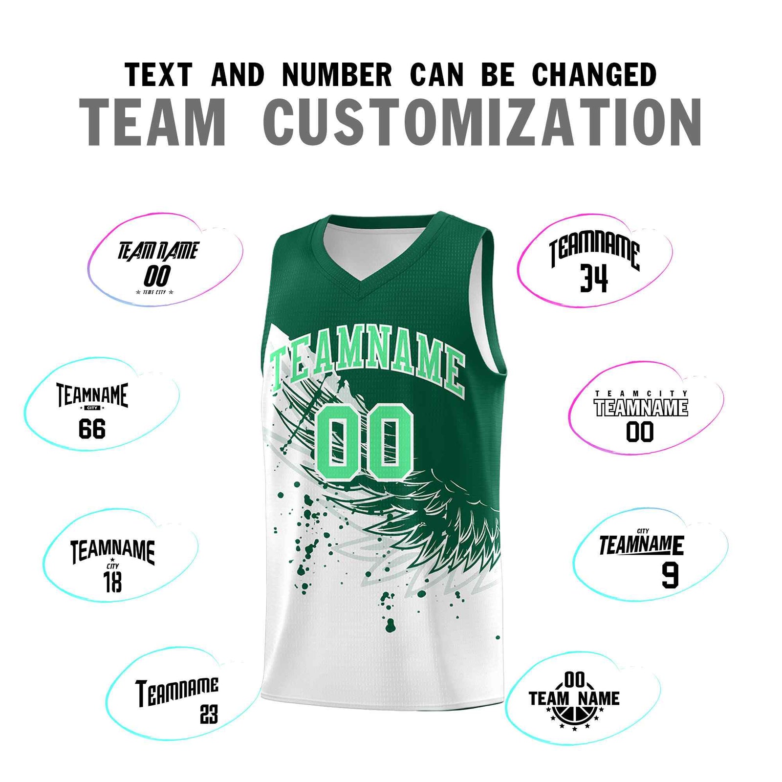 Custom White Kelly Green Wing Pattern Sports Uniform Basketball Jersey