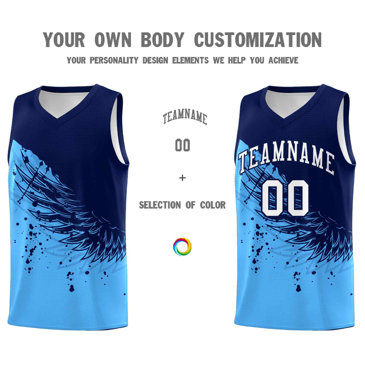 Custom Powder Blue Navy Wing Pattern Sports Uniform Basketball Jersey