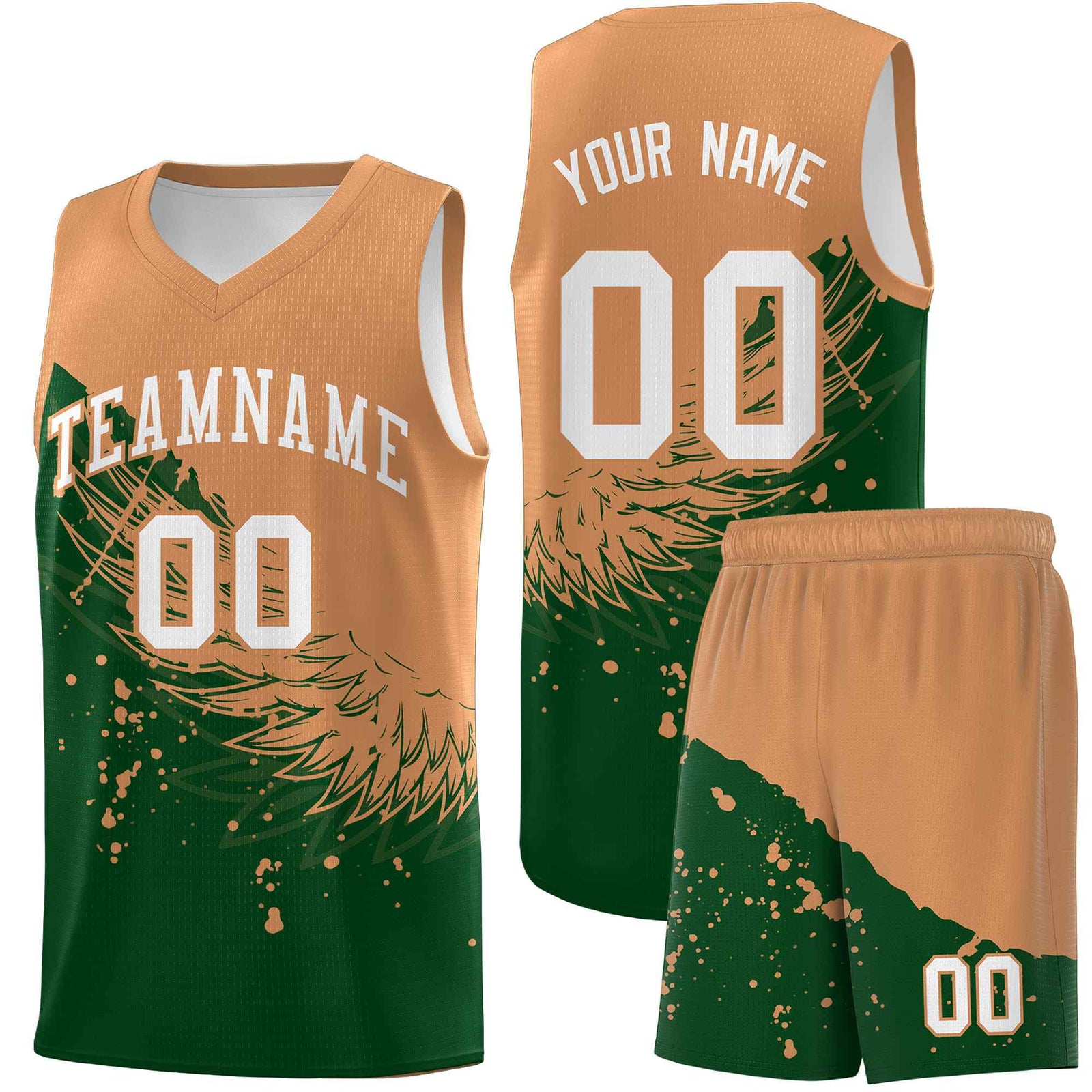 Custom Green Buckskin Brown Wing Pattern Sports Uniform Basketball Jersey