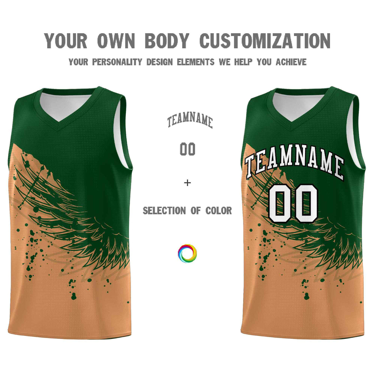 Custom Buckskin Brown Green Wing Pattern Sports Uniform Basketball Jersey