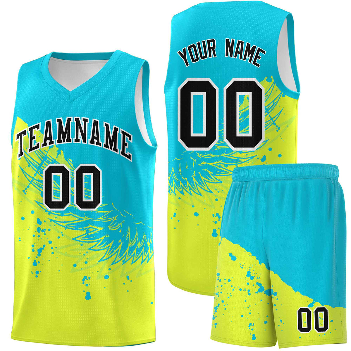 Custom Fluorescent Green Sky Blue Wing Pattern Sports Uniform Basketball Jersey