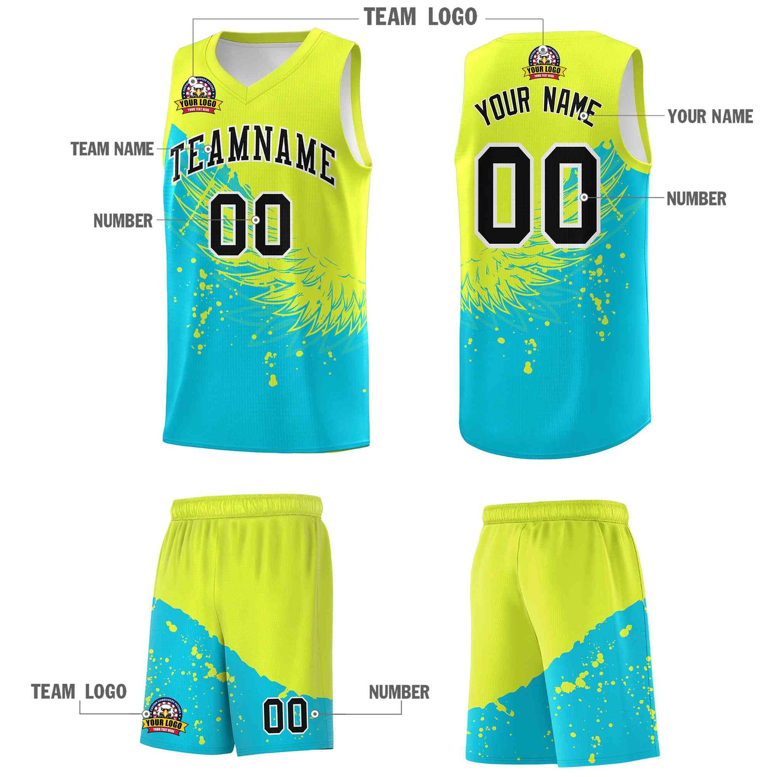 Custom Sky Blue Fluorescent Green Wing Pattern Sports Uniform Basketball Jersey