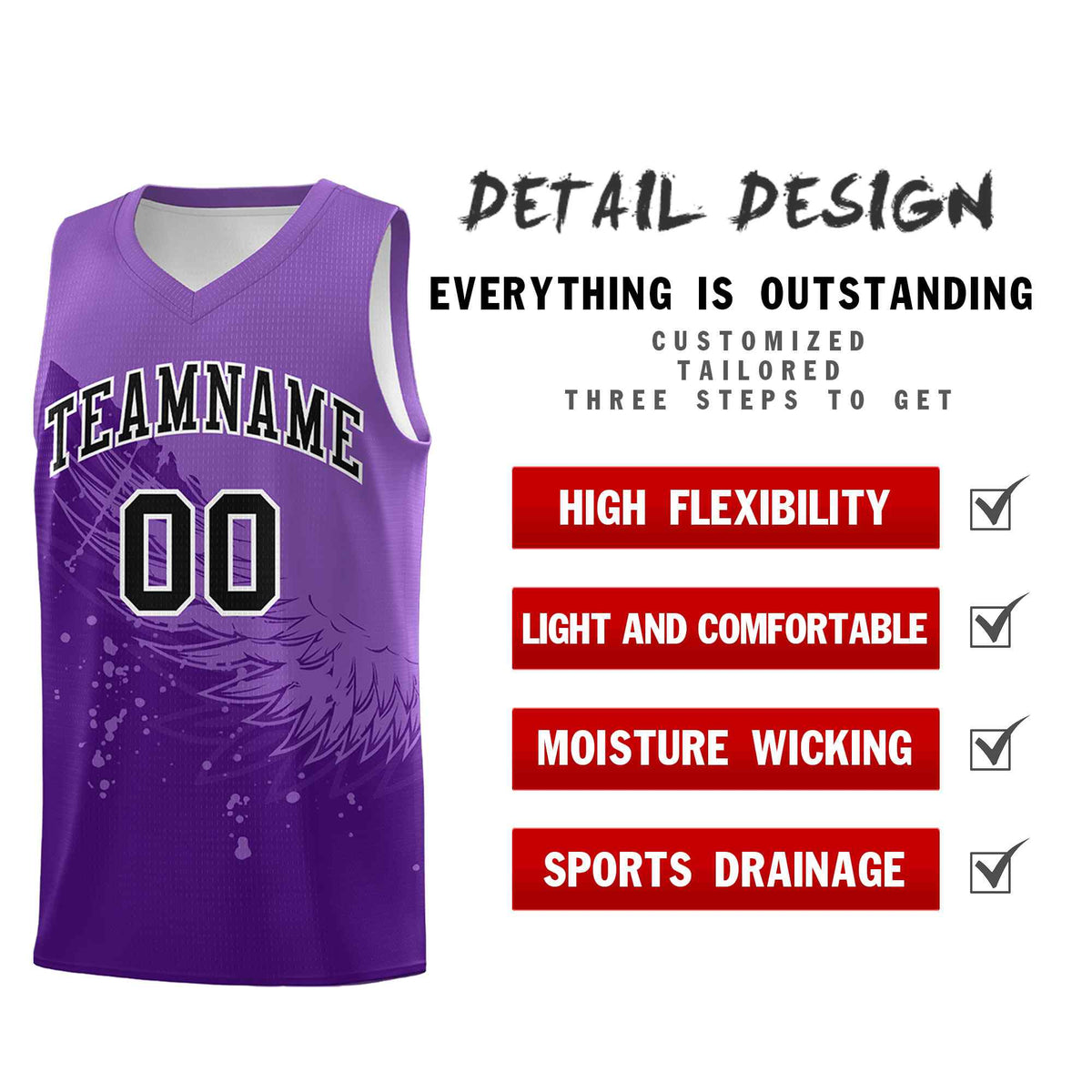 Custom Purple Light Purple Wing Pattern Sports Uniform Basketball Jersey