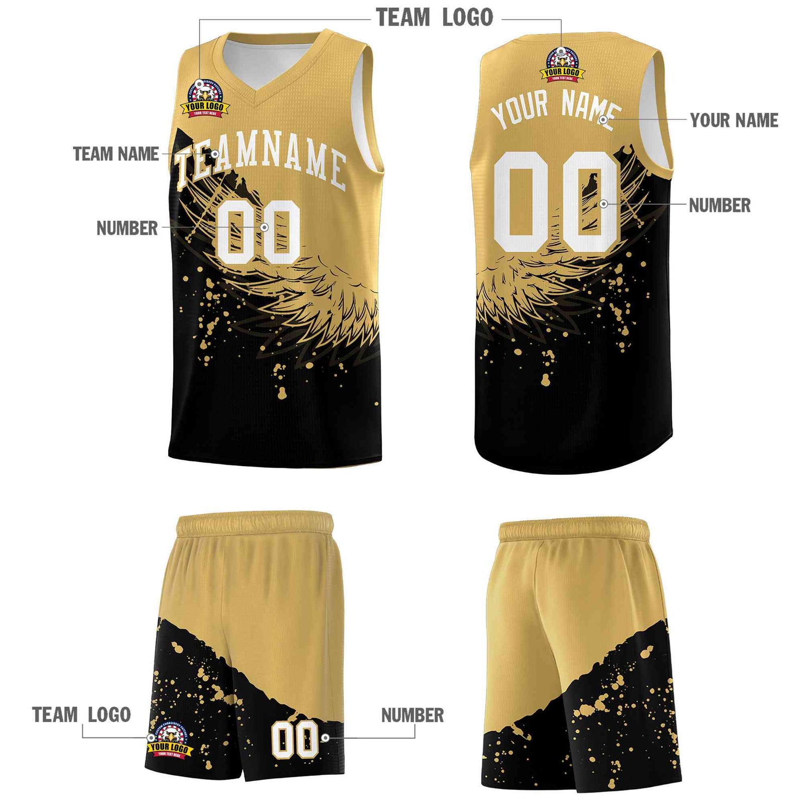 Custom Black Old Gold Wing Pattern Sports Uniform Basketball Jersey