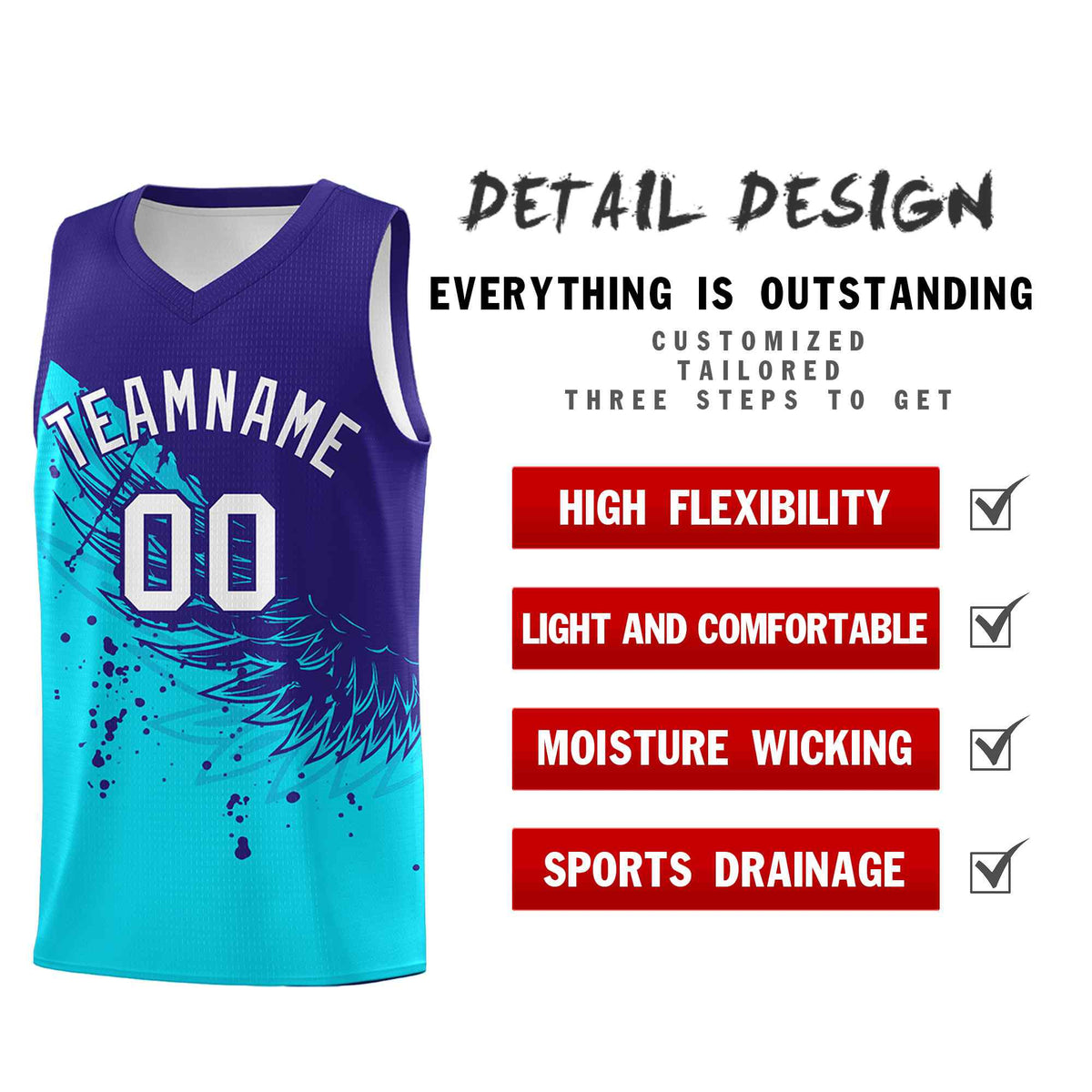 Custom Sky Blue Royal Wing Pattern Sports Uniform Basketball Jersey