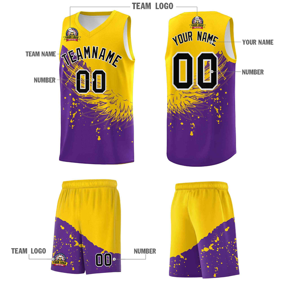 Custom Purple Gold Wing Pattern Sports Uniform Basketball Jersey