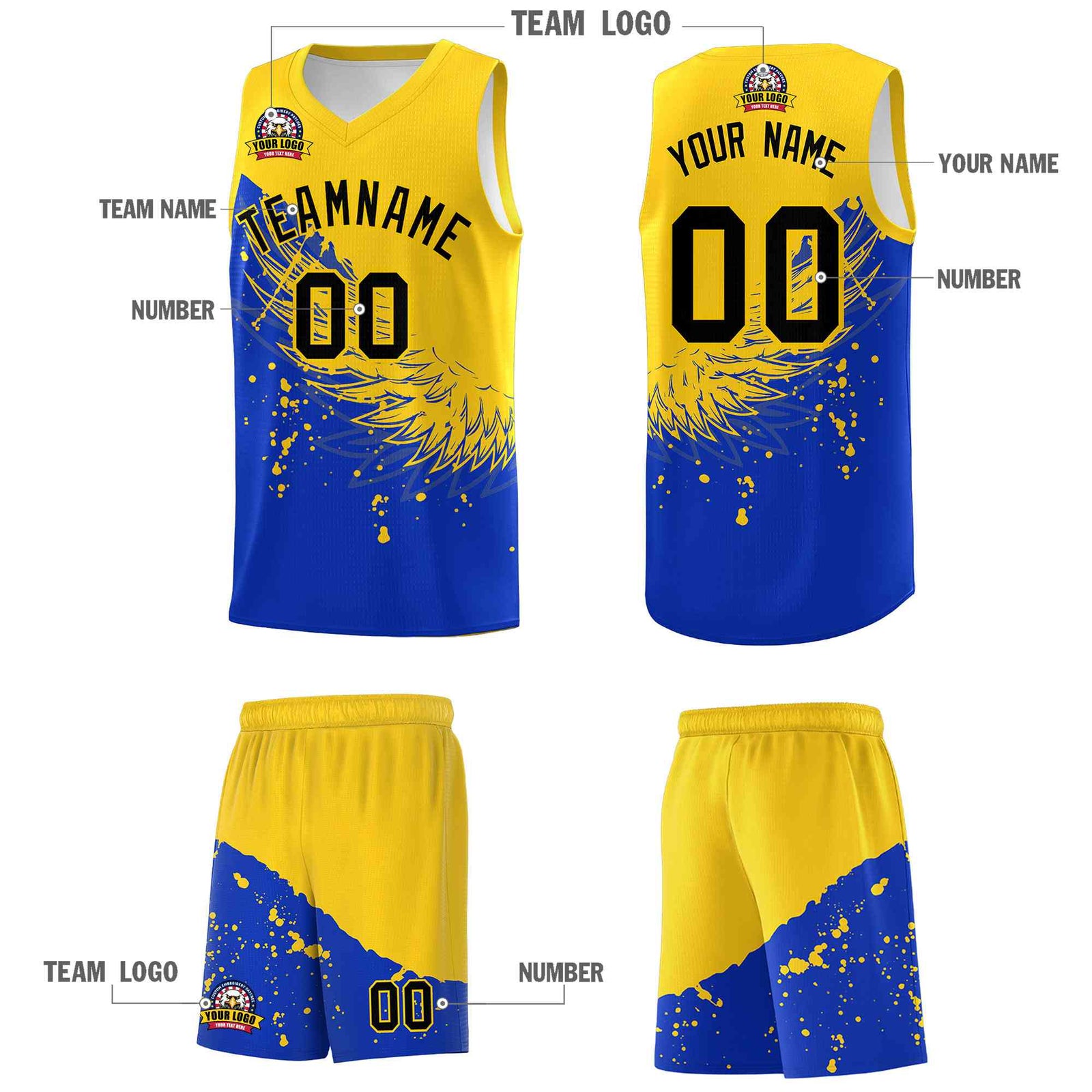 Custom Royal Gold Wing Pattern Sports Uniform Basketball Jersey