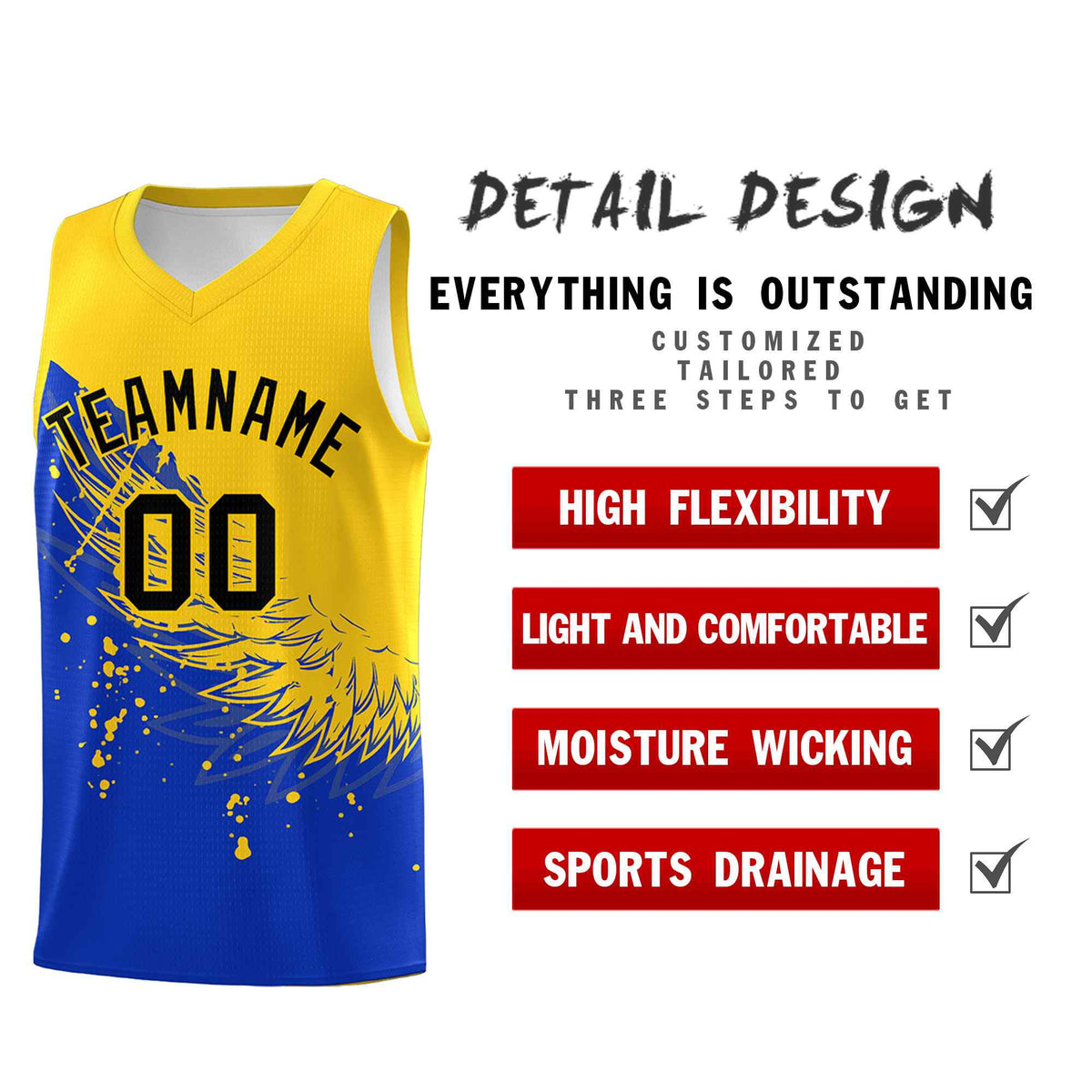 Custom Royal Gold Wing Pattern Sports Uniform Basketball Jersey