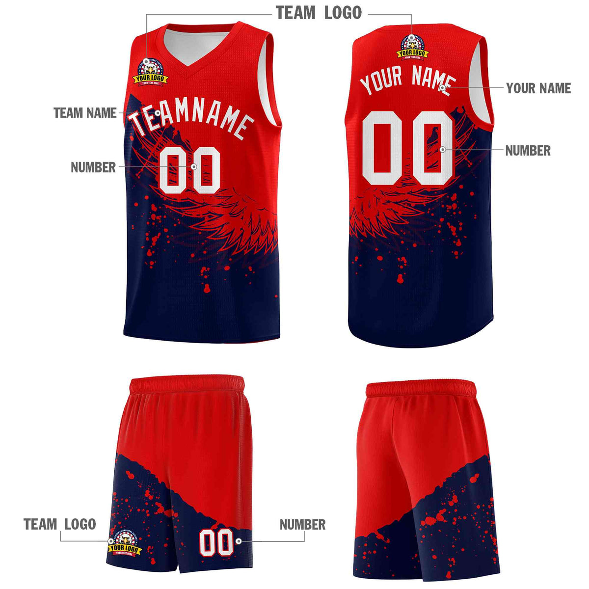 Custom Navy Red Wing Pattern Sports Uniform Basketball Jersey